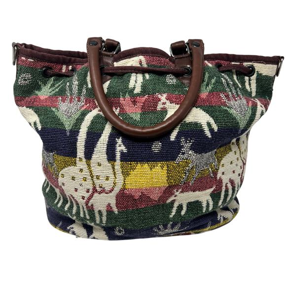 Woven Safari Scene Purse Blue Red Yellow Green Vintage Fabric Top Handle - Picture 1 of 9